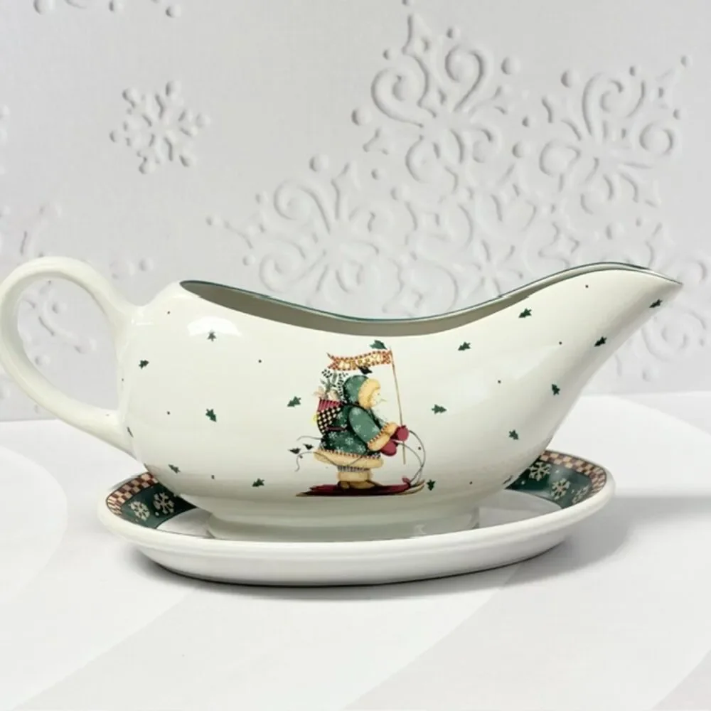 Sakura Debbie Mumm Sledding Characters Gravy Boat Saucer Christmas Box